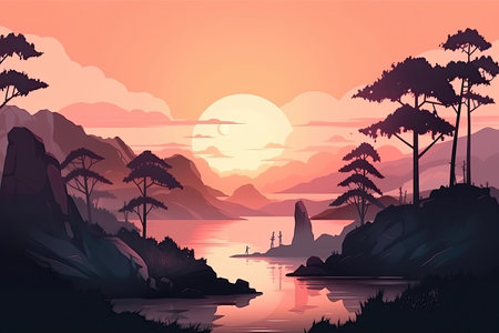 Landscape with mountains, river, trees and sunset. Vector illustrationの素材