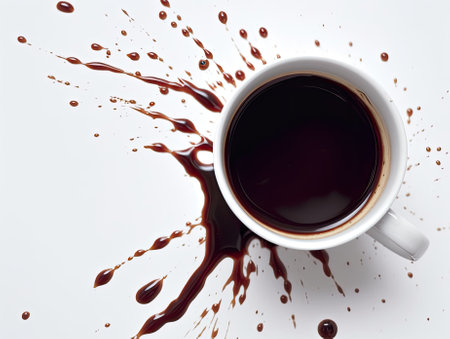 Cup of coffee with chocolate splashes on a white background.の素材