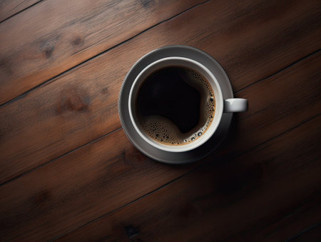 Cup of coffee on a wooden table. Top view with copy spaceの素材