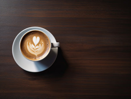 Coffee cup with latte art on wooden table background.の素材