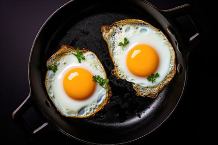 Fried eggs in a frying pan on a black background, top viewの素材