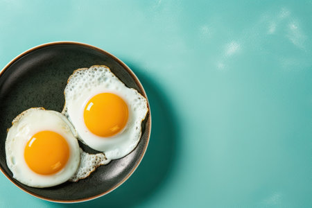 Two fried eggs in a plate on a blue background, top viewの素材