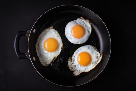 Fried eggs in a frying pan on a black background, top viewの素材