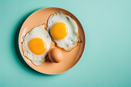 Two fried eggs on a plate on a turquoise background.の素材