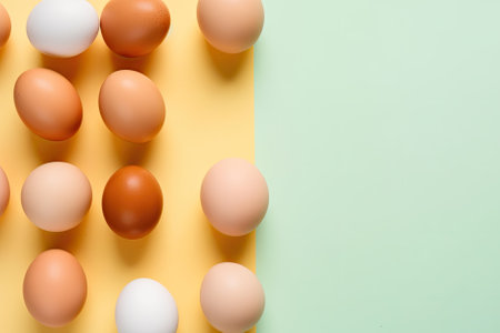 Chicken eggs on yellow and green background. Flat lay, top viewの素材