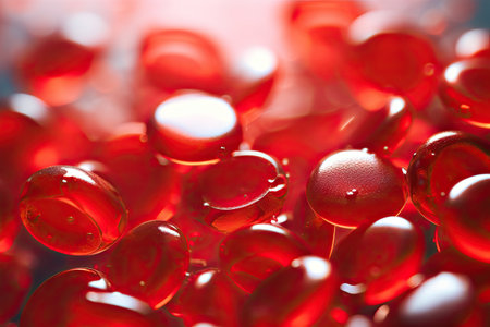 Macro shot of red capsules with water drops on a light backgroundの素材