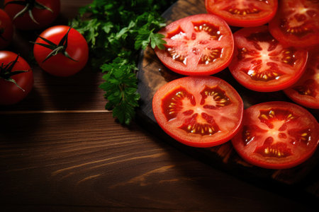 Sliced tomatoes on cutting board with parsley and tomatoes on wooden backgroundの素材