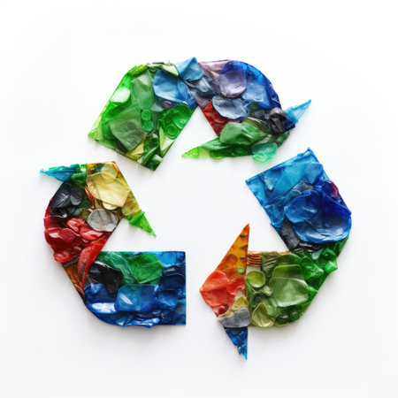 Recycling symbol made of colored plastic bags isolated on white backgroundの素材