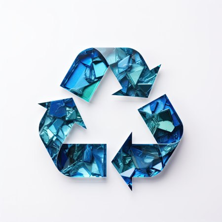 Recycle symbol made of blue glass. Recycling concept.の素材