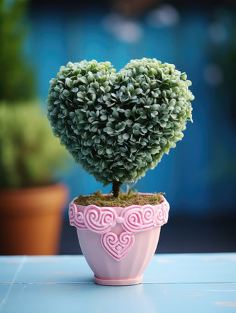 Heart shaped plant in pot on table, Valentine's day concept.の素材