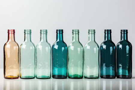 close up view of colorful empty glass bottles on white background with reflectionの素材