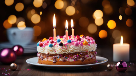 Birthday cake with candles on bokeh background, close upの素材
