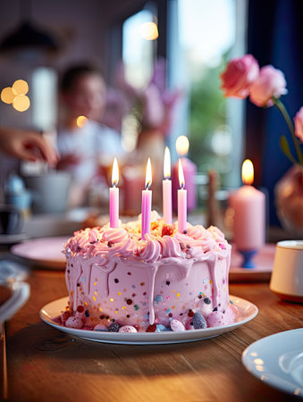 Birthday cake with candles and flowers on the background of a womanの素材