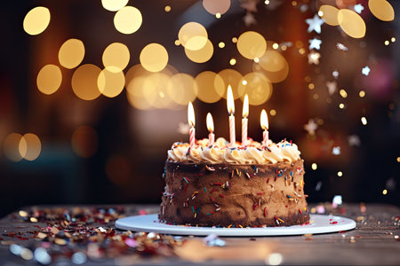 Birthday cake with burning candles on a wooden table in a restaurantの素材