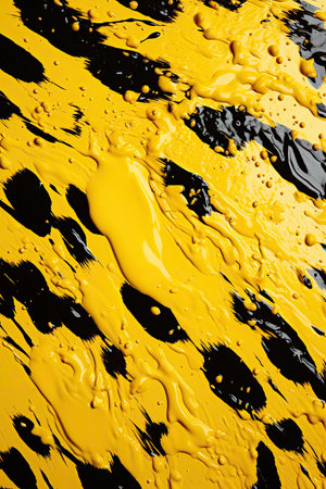 yellow and black paint splashes on black background, abstract background.の素材