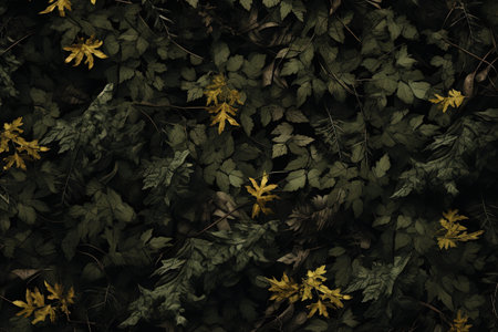 Yellow flowers on the green leaves in the forest. Toned.の素材