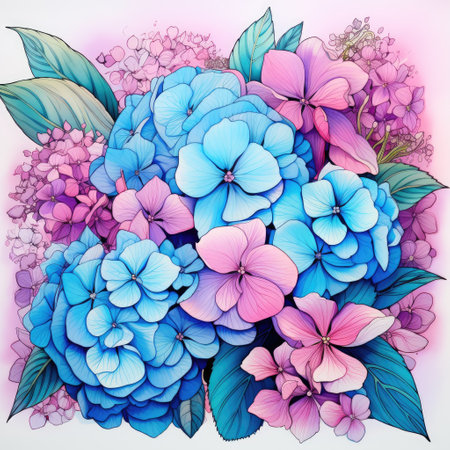 Blue and pink hydrangea bouquet. Hand drawn vector illustration.の素材