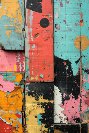 Colorful grunge background of old wooden boards painted with different colorsの素材