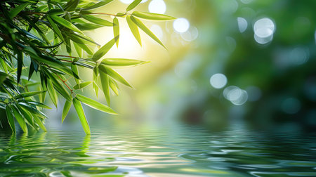Bamboo leaves and water reflection with bokeh background, nature backgroundの素材
