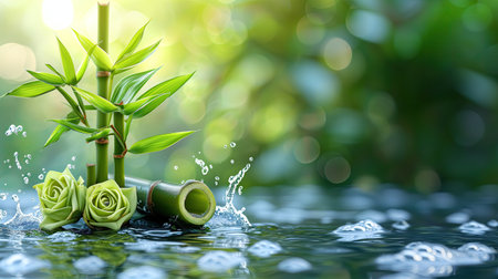Green bamboo with water splash on bokeh background, nature conceptの素材