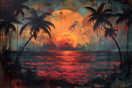 Tropical sunset with palm trees on the beach. Digital painting.の素材