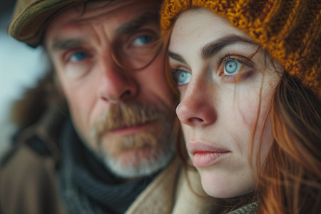 Portrait of a couple in love. Man and woman in winter clothes.の素材