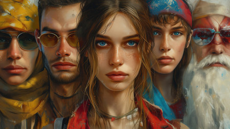 Portrait of a group of young people in the style of the ninetiesの素材