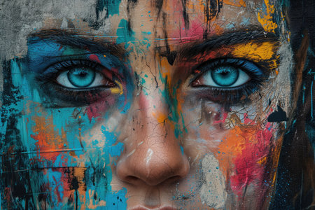 Close-up portrait of a beautiful girl with painted face on a grunge backgroundの素材
