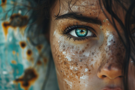 Close-up portrait of a beautiful girl with green eyes and wet hairの素材