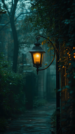 Lantern on a foggy alley in the park at nightの素材