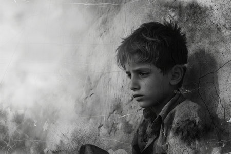 Sad little boy sitting in front of a wall. Black and whiteの素材
