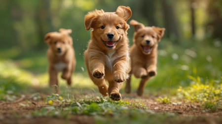 Golden Retriever puppies running in the forest. Selective focus.の素材