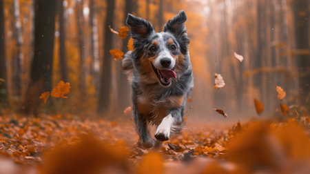 Portrait of australian shepherd dog jumping in the autumn forestの素材