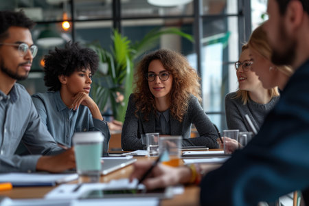 selective focus of multiethnic businesspeople sitting at table in officeの素材