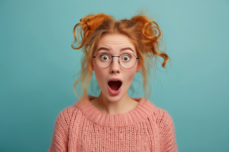 Portrait of a surprised young woman with red hair wearing glasses looking at camera isolated over blue backgroundの素材