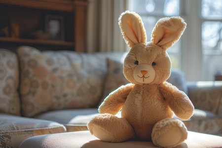 Cute soft toy bunny sitting on a chair in the living roomの素材