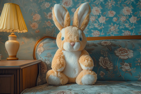 Cute soft toy rabbit sitting on a sofa in the living roomの素材