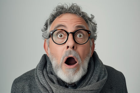 Surprised senior man in eyeglasses and scarf looking at camera isolated on grey backgroundの素材
