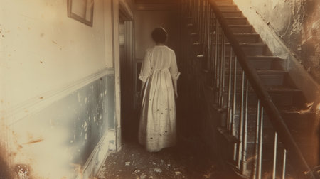 Vintage image of a woman in a long white dress, standing on the stairsの素材