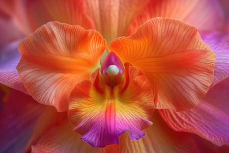 Close up of an orange and yellow orchid with a purple backgroundの素材