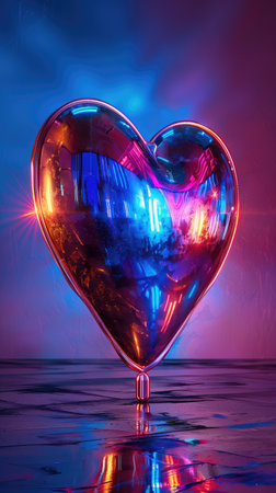 heart shaped balloon with reflection in water on dark background. love conceptの素材