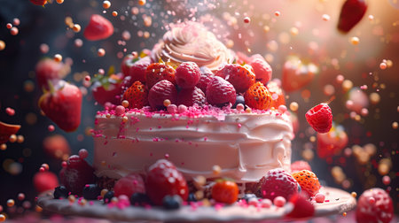 Birthday cake with fresh berries and splashes of water on a dark backgroundの素材