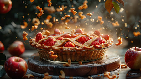 Apple pie with strawberry and cashew nuts flying in the air.の素材