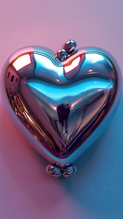 Heart shaped silver object on a blue background. 3D illustration.の素材