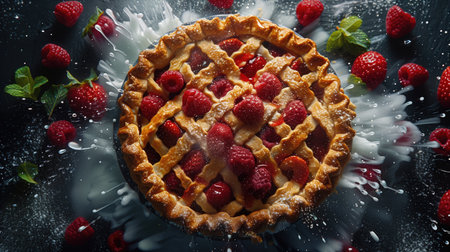 Raspberry tart with fresh raspberries on a black background.の素材
