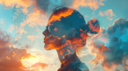 Double exposure portrait of beautiful woman with sunglasses against blue sky with cloudsの素材
