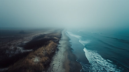 Foggy winter landscape with frozen sea and sandy beach. Long exposure.の素材