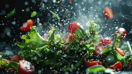 Fresh salad with cherry tomatoes, arugula and olive oil splashesの素材