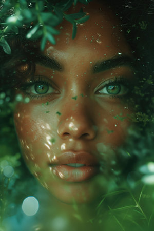 Close-up portrait of a beautiful young African American woman surrounded by green leavesの素材