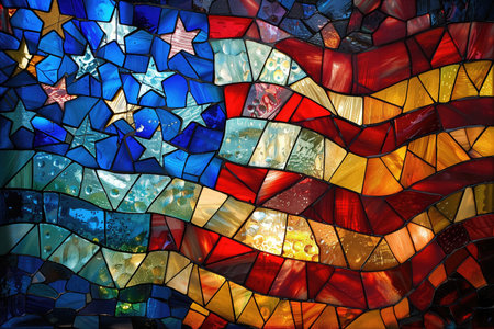 Colorful stained glass window in the shape of a star background.の素材